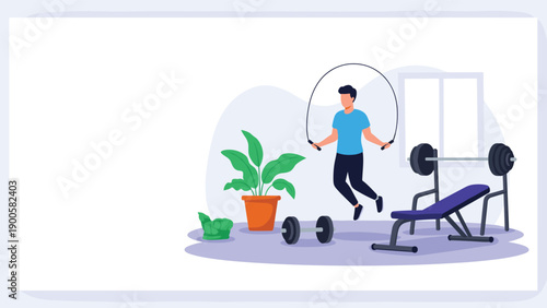 Man actively skips rope in a home gym setting, equipped with dumbbells and a weight bench, focusing on fitness.