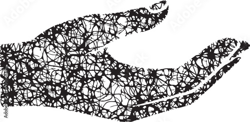 Vector black scribble hand with extended fingers, palm up, for design or overlay, isolated on transparent background, png