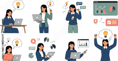 Businesswoman character set working with laptop, analytics, ideas and communication, modern flat vector illustration for office, startup, marketing and corporate design