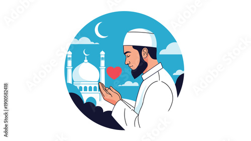 Muslim man respectfully prays with a mosque and crescent moon in the background, symbolizing deep faith and devotion within a circular frame.