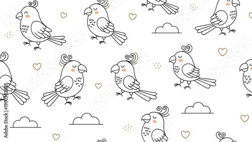 Delightful seamless pattern featuring cute cartoon parrots, fluffy clouds, and scattered hearts, ideal for children's designs.
