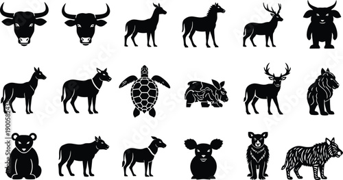 Collection of Black Silhouette Animal Icons: Wildlife and Domestic