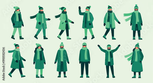 People in winter coats and hats in various poses