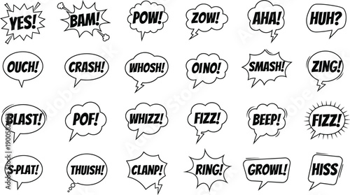Collection of Comic Book Speech Bubbles with Action Words and Sounds