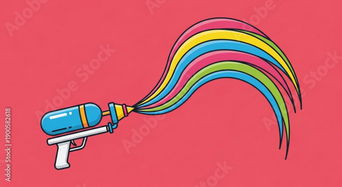 Colorful Spray Paint Can Spraying Rainbow Colors on Red Background