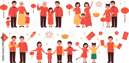 Chinese New Year Family Illustration Set with Parents and Children Celebrating Lunar Festival, Lanterns, Fireworks, Red Envelopes, and Traditional Clothing