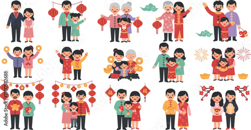 Chinese New Year Family Illustration Set with Parents, Children, and Grandparents Celebrating Lunar Festival, Lanterns, Fireworks, and Red Decorations