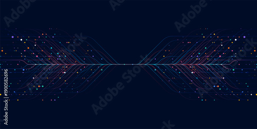 Curved multicolor lines and floating particles diverging from center on dark background, symbolizing data visualization, AI learning, and digital flow.