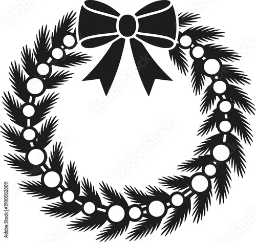 Black silhouette Christmas wreath with pine needles and bow vector