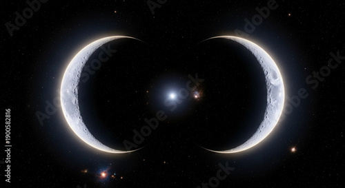 Binary Moon System with Crescent Moons and Distant Stars in Deep Space