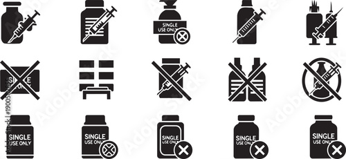 Single use plastic icons, vector symbols for no plastic, eco friendly, sustainability, isolated on transparent background, png