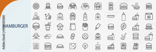 Hamburger and fast food icon set, restaurant menu line art illustration