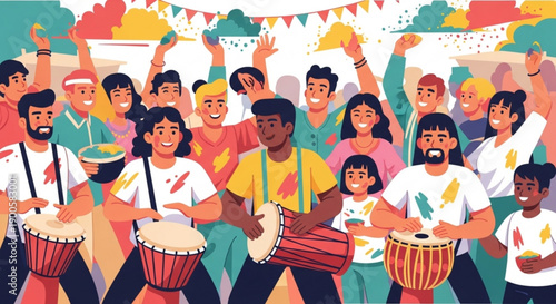 Diverse Crowd Celebrating with Drums and Music in Vibrant Street Festival