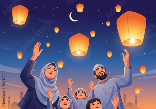 A heartwarming family celebration as glowing lanterns ascend into the tranquil night sky