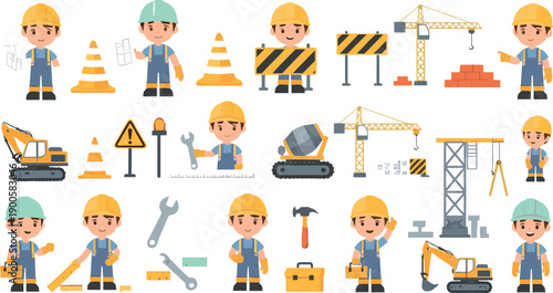 Construction Workers and Building Equipment Illustration Set with Engineers, Tools, Machinery, Barriers, and Safety Elements for Industrial and Development Designs