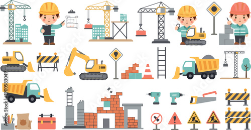 Construction Site Illustration Set with Workers, Cranes, Excavators, Trucks, Tools, Barriers, and Safety Signs for Building and Industrial Designs