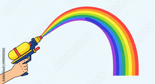 Hand Holding Paint Sprayer Creating Rainbow on White Background