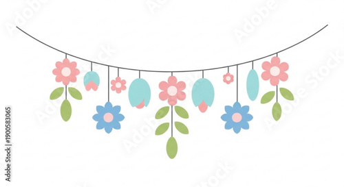 Colorful easter egg and flower garland hanging on a string with pink blue and green decorations on a white background