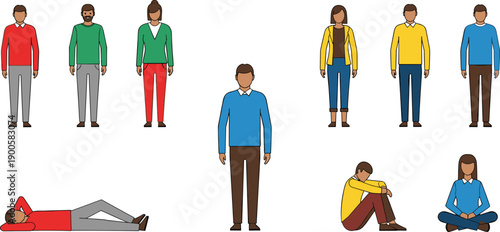 Diverse collection of flat vector people characters featuring men and women standing sitting and reclining in colorful casual clothing for architectural scale and community designs