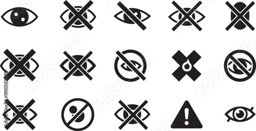 Vector warning and prohibition icons, including no smoking, no drinking, no photography, and no eyes symbols, for website, banner, or marketing material, Isolated on transparent background, png