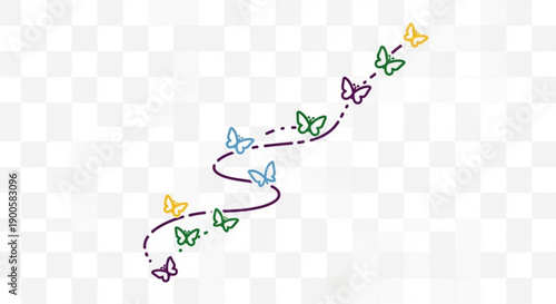 Colorful butterflies flying in a winding trail on transparent background symbolizing freedom and transformation