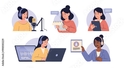 Women podcasting, chatting, presenting with devices
