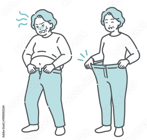 ダイエット・ビフォーアフターの高齢女性のイラストセット（肥満と減量成功・比較）