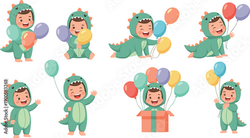 Cute Baby Dinosaur Costume Illustration Set with Happy Toddler Holding Balloons, Gift Box, and Party Poses for Kids and Birthday Designs
