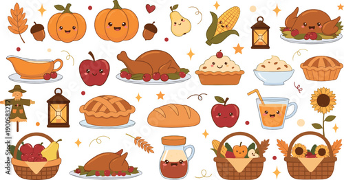 Cute Autumn Harvest Illustration Set with Pumpkins, Apples, Pie, Bread, Corn, Turkey, Lanterns, and Cozy Fall Seasonal Food Elements