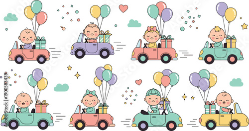 Cute Baby Driving Cars with Balloons Illustration Set for Birthday, Celebration, Nursery, and Kids Party Designs