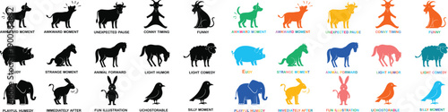 Animal silhouette collection featuring wild and domestic animals in different poses, flat vector illustration set with black and colorful styles, isolated design for icons, logos and graphics