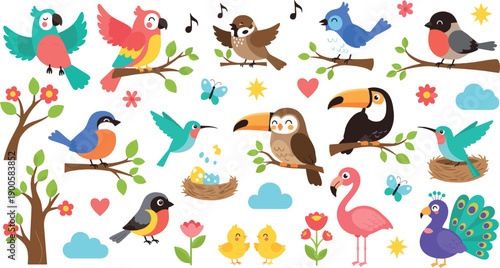 Cute Cartoon Birds Illustration Set with Owls, Parrots, Flamingo, Toucan, Nesting Birds, and Spring Nature Elements for Kids Designs