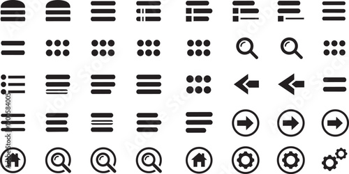 Vector UI icons set, including navigation, search, settings, and media controls, for website, app, or presentation design, Isolated on transparent background, png