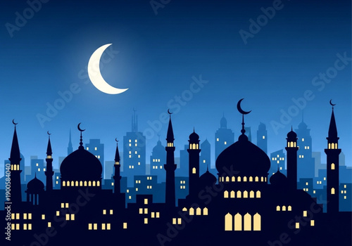 Peaceful Night View of a City Skyline Adorned with Illuminated Mosques and Crescent Moon