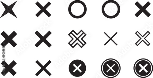 Vector icons of various X marks and crosses, black and white, isolated on transparent background, png, for design, template, or overlay