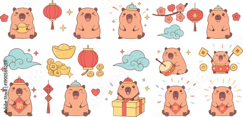 Cute Chinese New Year Bear Illustration Set with Kawaii Animal Characters, Lanterns, Red Envelopes, Gifts, Clouds, and Festive Lunar Celebration Elements