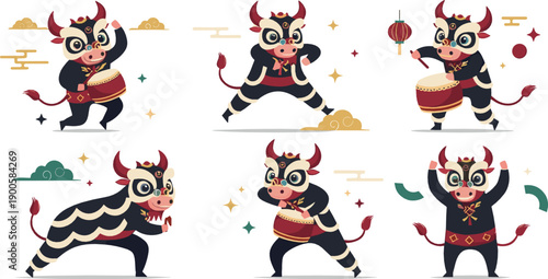 Cute Chinese New Year bull dance character set with festive poses, lanterns and traditional costume, adorable cartoon flat vector illustration for holiday celebration design