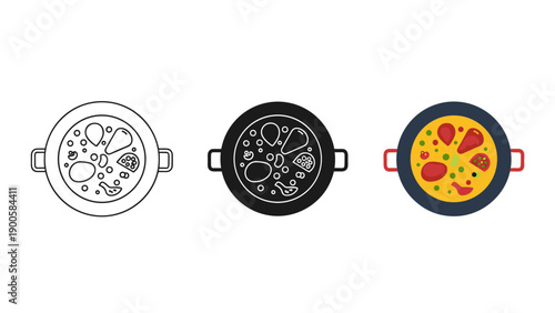 Evolution of a pizza in a pan from line art to color Vector