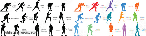 People silhouette collection featuring sports and fitness action poses, flat vector illustration set of male and female figures in running, jumping and active movements