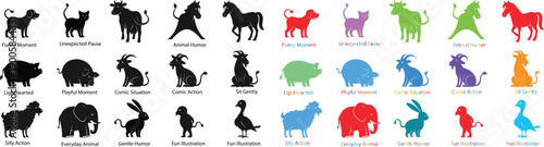 Wild animal silhouette collection featuring mammals in different poses, flat vector illustration set with black and colorful styles, isolated design for logos, icons, prints and graphics