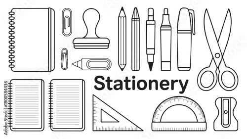 A comprehensive black and white line art illustration featuring an assortment of essential office and school supplies, including notebooks, writing tools, and measuring instruments for various tasks