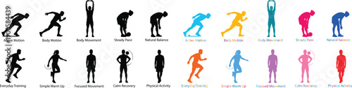 People silhouette collection featuring dynamic movement and action poses, flat vector illustration set of male and female figures in running and active motions, isolated design for icons and graphics