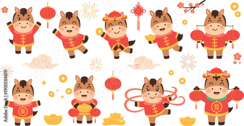 Cute Chinese New Year Tiger Illustration Set with Kawaii Zodiac Characters, Lanterns, Fireworks, Gold Ingots, and Festive Lunar Celebration Elements