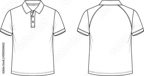 Blank White Short Sleeve Raglan Polo Shirt Technical Fashion Flat Sketch Illustration Mockup for Design Specification Apparel CAD Template Front and Back View