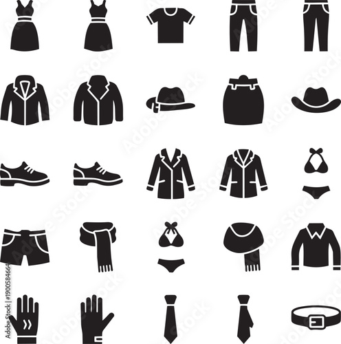 black clothing and accessories icons set, vector illustration, for design or branding, isolated on transparent background, png