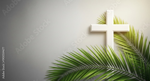 Easter sunday celebration with white cross and palm leaves