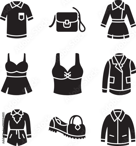 Vector fashion clothing and accessories icons, including shirts, dresses, shoes, handbags, and lingerie, for mockup or design template, Isolated on transparent background, png