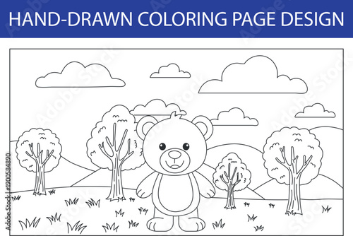 Adorable Teddy Bear Standing in the Forest Coloring Page for Kids featuring woods and nature landscape