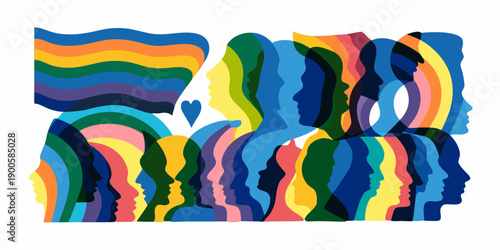 Abstract representation of diverse faces and pride with rainbow colors