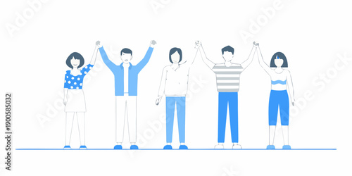 Five people with arms raised in a unified collaborative stance